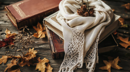 A warm autumn ambiance is captured in this still life, featuring a soft white scarf atop vintage books, surrounded by dried leaves and natural elements.の素材