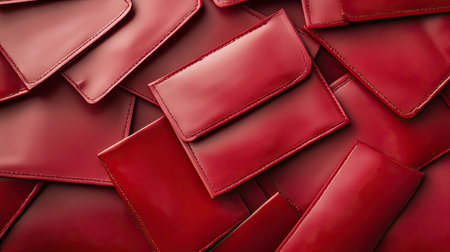 A striking collection of red leather wallets displayed in a modern flat lay arrangement. Ideal for fashion, accessories, or product promotion.の素材