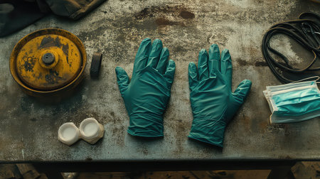 A pair of blue medical gloves is positioned on a weathered table alongside a yellow object and face masks, emphasizing the importance of safety and hygiene in healthcare settings.の素材