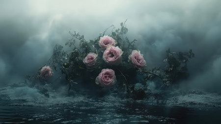 A captivating scene showcasing delicate pink roses emerging from misty waters, creating an ethereal and tranquil atmosphere, ideal for artistic projects.の素材