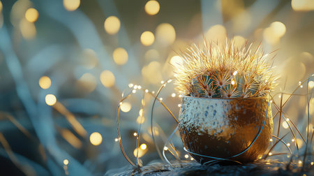 A beautifully detailed close-up of a spiky cactus in a pot, adorned with soft glowing fairy lights, creating a serene and dreamy atmosphere.の素材