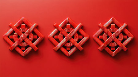 This image features three vibrant red decorative ornaments arranged on a matching red background, showcasing a bold geometric design and modern aesthetic.の素材