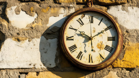 This image features a vintage wall clock with a weathered face and rustic appeal, positioned against a textured brick wall. The clock's design includes tattered Roman numerals, creating a nostalgic atmosphere perfect for various decorative themes.の素材