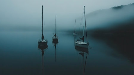 A serene view of sailboats anchored in still waters shrouded in soft mist, creating a tranquil atmosphere perfect for contemplation and escape.の素材