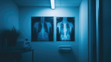 A serene examination room showcasing illuminated chest X-rays against a calming blue backdrop. This modern medical space highlights diagnostic tools and emphasizes patient care.の素材