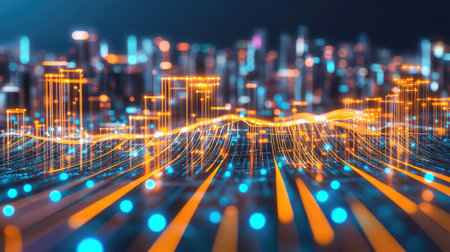 This vibrant, abstract image captures a futuristic cityscape with glowing lines and lights, representing technology and urban energy. The dynamic patterns and vivid colors create a visually striking effect, ideal for themes related to innovation and connectivity.の素材