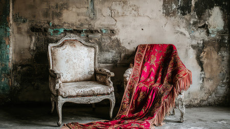 A vintage elegant chair adorned with a rich red textile adds sophistication to a rustic urban setting, featuring a textured concrete wall. Perfect for interior design inspiration.の素材