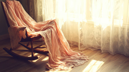 A serene setup featuring a rocking chair with soft fabric draped over it, illuminated by gentle sunlight filtering through sheer curtains.の素材