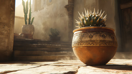 A decorative pot containing a vibrant cactus stands prominently in a rustic interior, bathed in warm, natural light, enhancing the serene atmosphere.の素材