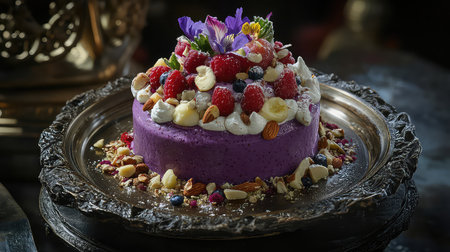A stunning purple dessert adorned with fresh berries and vibrant edible flowers, elegantly presented on an ornate silver platter, perfect for any celebration.の素材