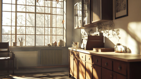 A beautifully lit modern kitchen interior featuring natural light pouring through large windows, creating a cozy and inviting atmosphere.の素材