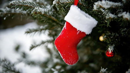A vibrant red Christmas stocking adorned with a soft white trim, gracefully hanging from a snowy evergreen tree branch, evokes holiday cheer and warmth.の素材