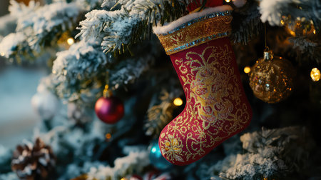 This captivating image features an ornate Christmas stocking hanging beautifully on a snowy tree, adorned with vibrant ornaments and soft twinkling lights, creating a warm holiday atmosphere.の素材