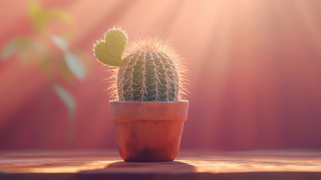 A charming cactus with a heart-shaped leaf sits in a terracotta pot, illuminated by soft sunlight, evoking feelings of warmth and tranquility in any indoor space.の素材
