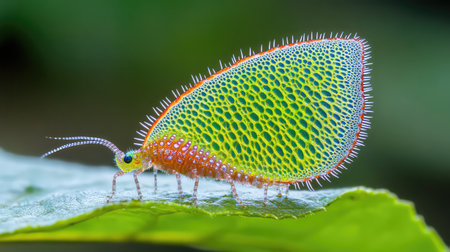 This stunning macro photograph captures a vibrant insect with intricate color patterns resting on a leaf, showcasing the extraordinary beauty of nature and its detailed designs.の素材