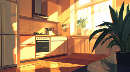 A bright kitchen scene featuring warm sunlight streaming through the window, highlighting indoor plants and modern design elements. Perfect for home themes.の素材