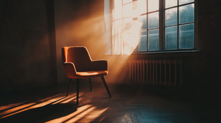 A cozy armchair sits alone in a minimalist room, illuminated by warm sunlight streaming through a window. This serene scene creates a perfect atmosphere for relaxation and reflection.の素材