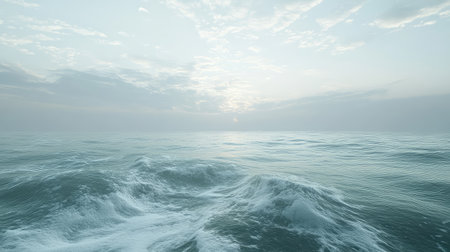 Experience a tranquil seascape featuring gentle waves under a soft sky at sunrise, perfect for evoking a sense of peace and calm in nature.の素材