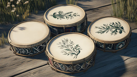 This image features four decorative hand-painted drums with intricate floral designs resting on a rustic wooden surface. The natural setting enhances their artistic beauty.の素材