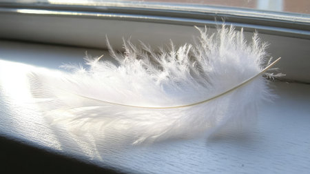 A delicate white feather gently rests on a sunlit windowsill, creating a serene and peaceful atmosphere. The soft natural light highlights its beauty and texture.の素材