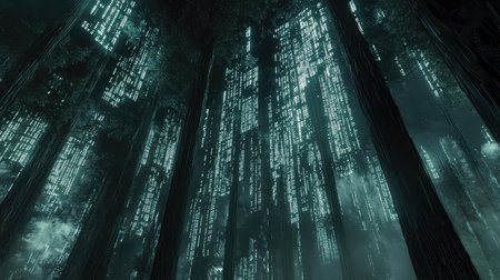 A stunning scene of an ethereal forest features towering trees illuminated by glowing patterns, creating a surreal atmosphere under a misty night sky.の素材