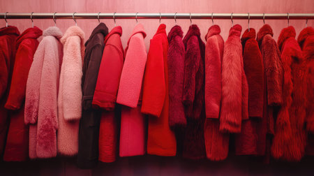 A vibrant display of stylish red and pink outerwear hangs in a boutique, showcasing a range of textures and designs perfect for fashionable winter outfits.の素材