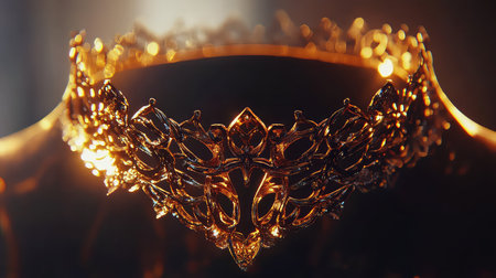 This image showcases an exquisite golden crown that exemplifies luxury and elegance, featuring intricate designs and sparkling gemstones that capture the light beautifully.の素材