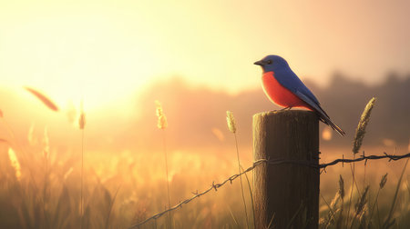 A stunning blue bird sits on a wooden post at sunrise, surrounded by golden grass under the gentle morning light, creating a serene and peaceful atmosphere.の素材
