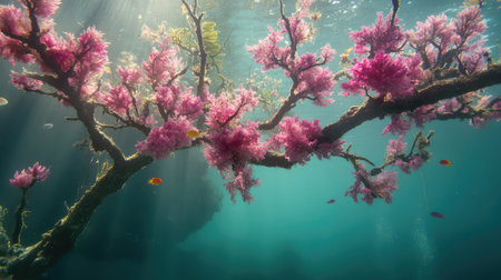 Explore a captivating underwater scene featuring a vibrant pink coral tree illuminated by soft sunlight rays, surrounded by clear turquoise water and fish.の素材