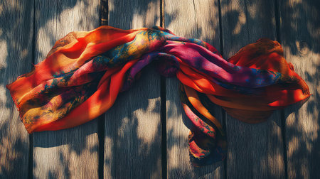 A vibrant silk scarf featuring rich hues of orange and pink gracefully drapes over a rustic wooden surface, beautifully playing with natural light and shadows.の素材