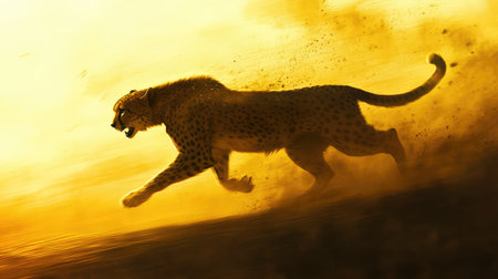 A stunning cheetah captured in motion against a backdrop of golden sunset. The image showcases the animal's remarkable speed and agility in a dynamic pose.の素材