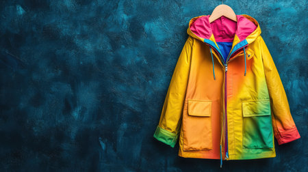 A vibrant and colorful rain jacket displayed on a wooden hanger against a textured blue background, ideal for fashion and lifestyle photography.の素材