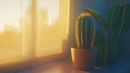 A vibrant cactus stands elegantly in a pot, illuminated by the warm rays of sunset, creating a serene atmosphere in a cozy interior.の素材