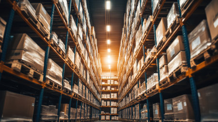 A captivating view of a modern warehouse interior, featuring long rows of shelves filled with packages under warm overhead lighting, showcasing efficient storage.の素材