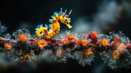 A colorful seahorse gracefully swims amongst vibrant coral, showcasing the beauty of marine life in a dynamic underwater environment.の素材