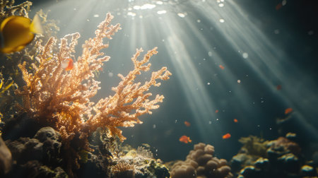 Experience the enchanting beauty of a coral reef underwater, where rays of sunlight illuminate vibrant fish and marine life in a serene ecosystem.の素材