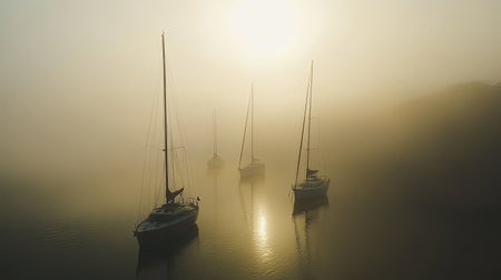 A serene scene featuring sailboats drifting quietly in a fog-laden waterway at sunrise, surrounded by soft golden light reflecting on the surface.の素材