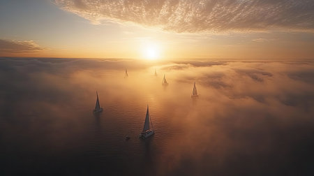 Experience a breathtaking view of sailing yachts gliding through soft fog on a calm ocean at sunrise, capturing the tranquility of nature's beauty.の素材