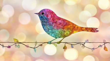 This stunning image features an abstract colorful bird silhouette adorned with vibrant floral patterns, set against a soft bokeh background, perfect for artistic projects.の素材