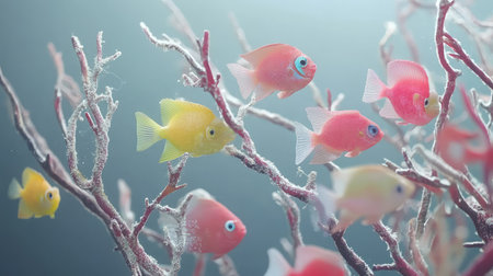 This captivating underwater scene features a school of vibrant tropical fish swimming gracefully around coral branches, illuminated by natural light.の素材
