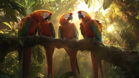 A stunning scene showcasing vibrant macaws perched in a lush tropical rainforest. Golden sunlight filters through dense foliage, illuminating these colorful birds.の素材