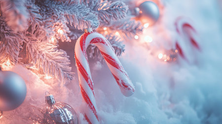A charming close-up of a candy cane ornament hanging from a frosted Christmas tree branch, surrounded by glowing lights and soft snow, creating a cozy festive atmosphere.の素材