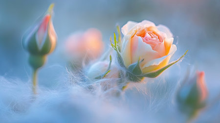 A soft pink rose lovingly blooms amidst budding flowers in a tranquil setting, capturing the essence of a serene garden at dawn, evoking romance.の素材