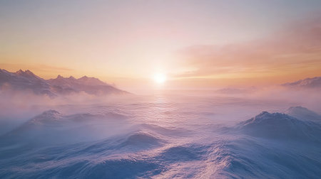 A stunning view of a sunset over a tranquil ocean, with gentle waves and mist enveloping the landscape. The majestic mountains create a serene backdrop, showcasing the beauty of nature in soft pastel colors.の素材