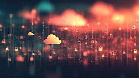 This abstract image features a digital environment with cloud computing and security lock icons. It symbolizes technology, privacy, and secure data transmission.の素材