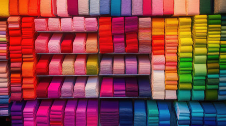 A striking array of colorful yarn spools arranged meticulously in shades creates a vibrant backdrop for any creative project. Ideal for arts and crafts.の素材