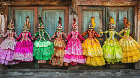 A stunning display of colorful traditional dresses hanging gracefully on wooden doors, showcasing intricate patterns and craftsmanship reflective of cultural heritage.の素材