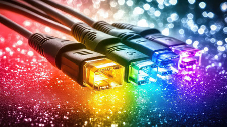 This image showcases a close-up view of colorful network cables glowing against a sparkling bokeh background. The vibrant colors enhance the technology feel, making it suitable for digital themes.の素材
