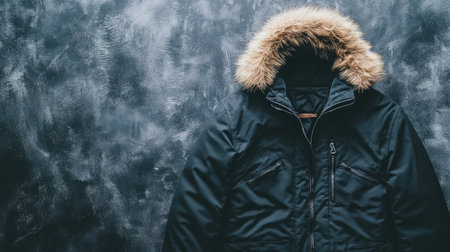 This image features a stylish winter parka coat with a fur hood laid flat against a textured gray background, perfect for showcasing winter fashion and outdoor style.の素材
