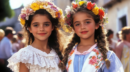 Two young girls share a joyful moment, adorned with floral headbands, capturing the essence of childhood and celebration during a vibrant outdoor event.の素材